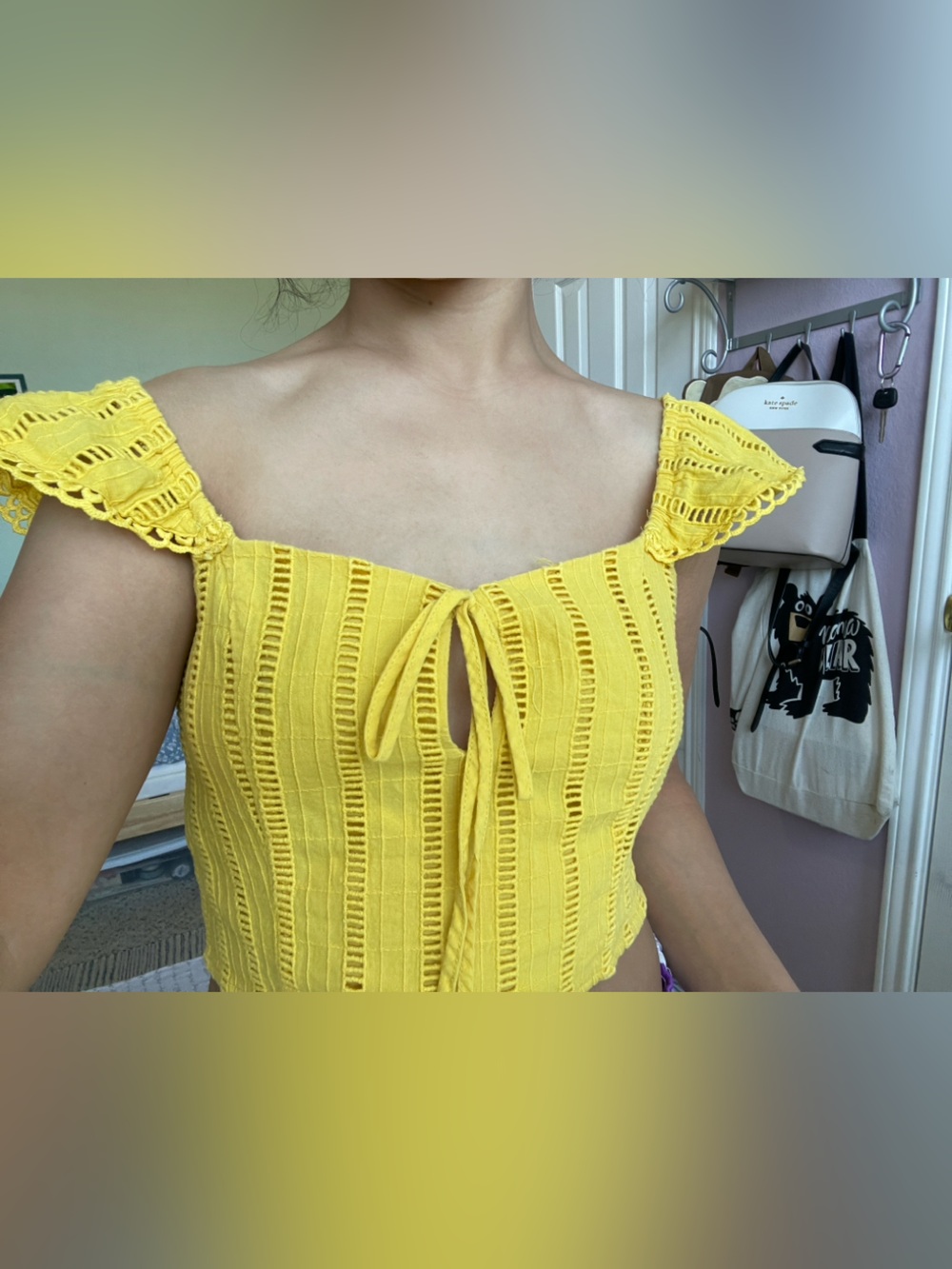 Forever 21 Yellow Eyelet Tie-Front Crop Top